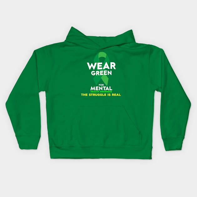 Wear Green For Mental Health Awareness Month Green Ribbon Kids Hoodie by NASSER43DZ